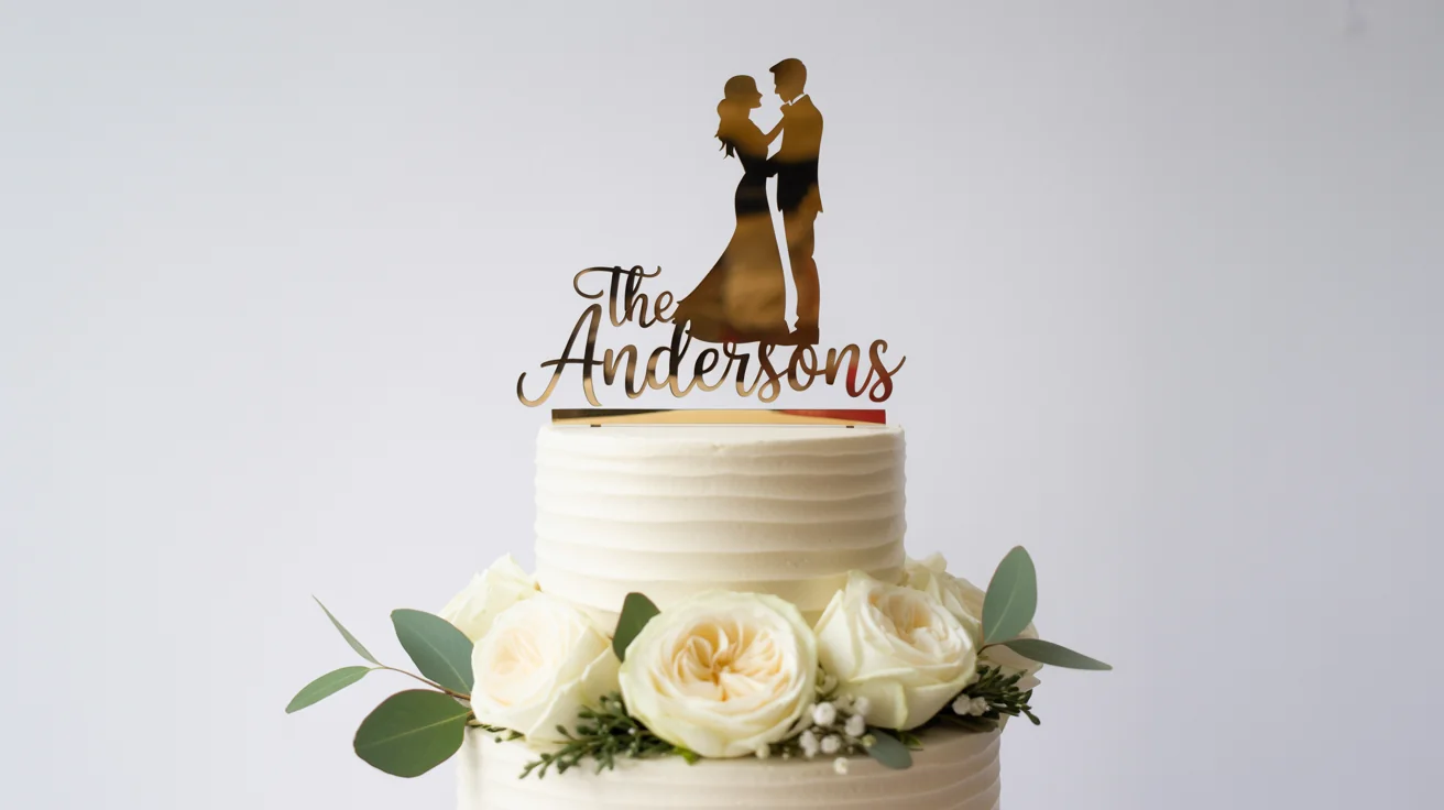 A close-up of a custom gold wedding cake topper featuring a dancing couple and the name 'The Andersons', set on a pristine white wedding cake.