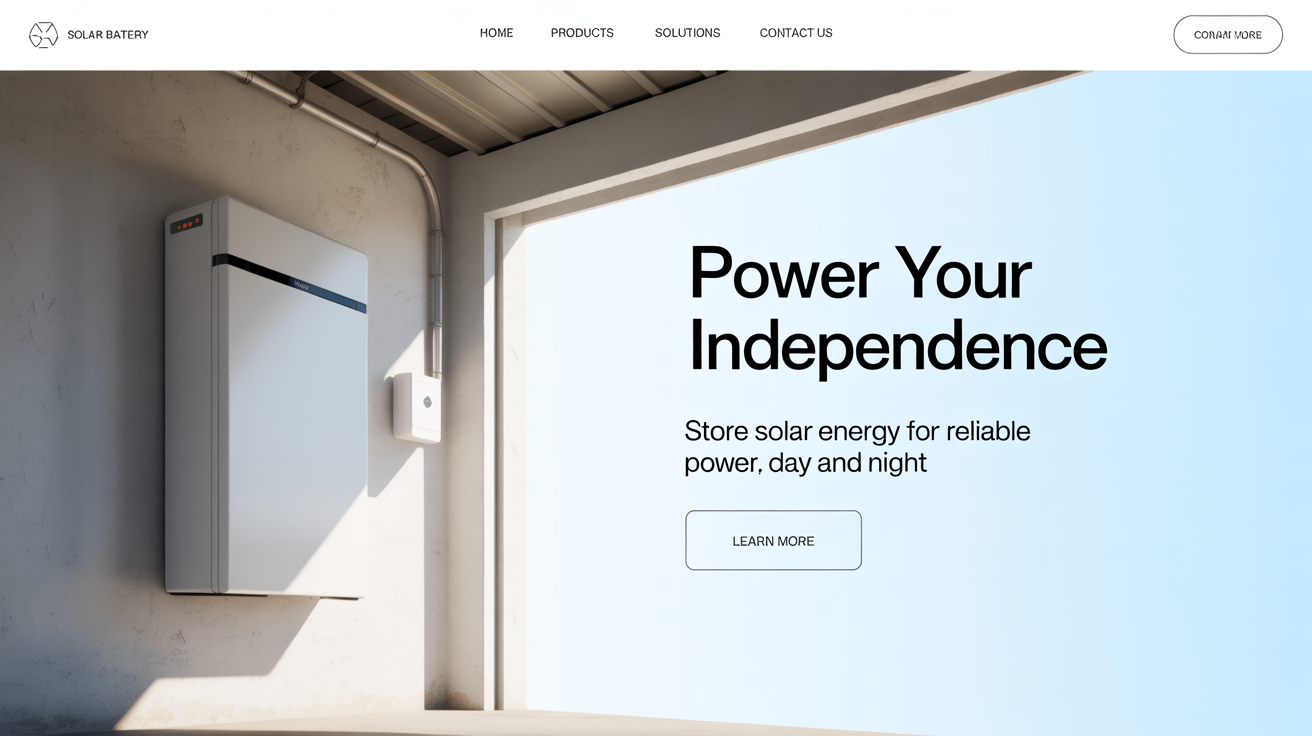 A finished website hero banner for a solar battery company, featuring a sleek battery unit and the headline 'Power Your Independence'.