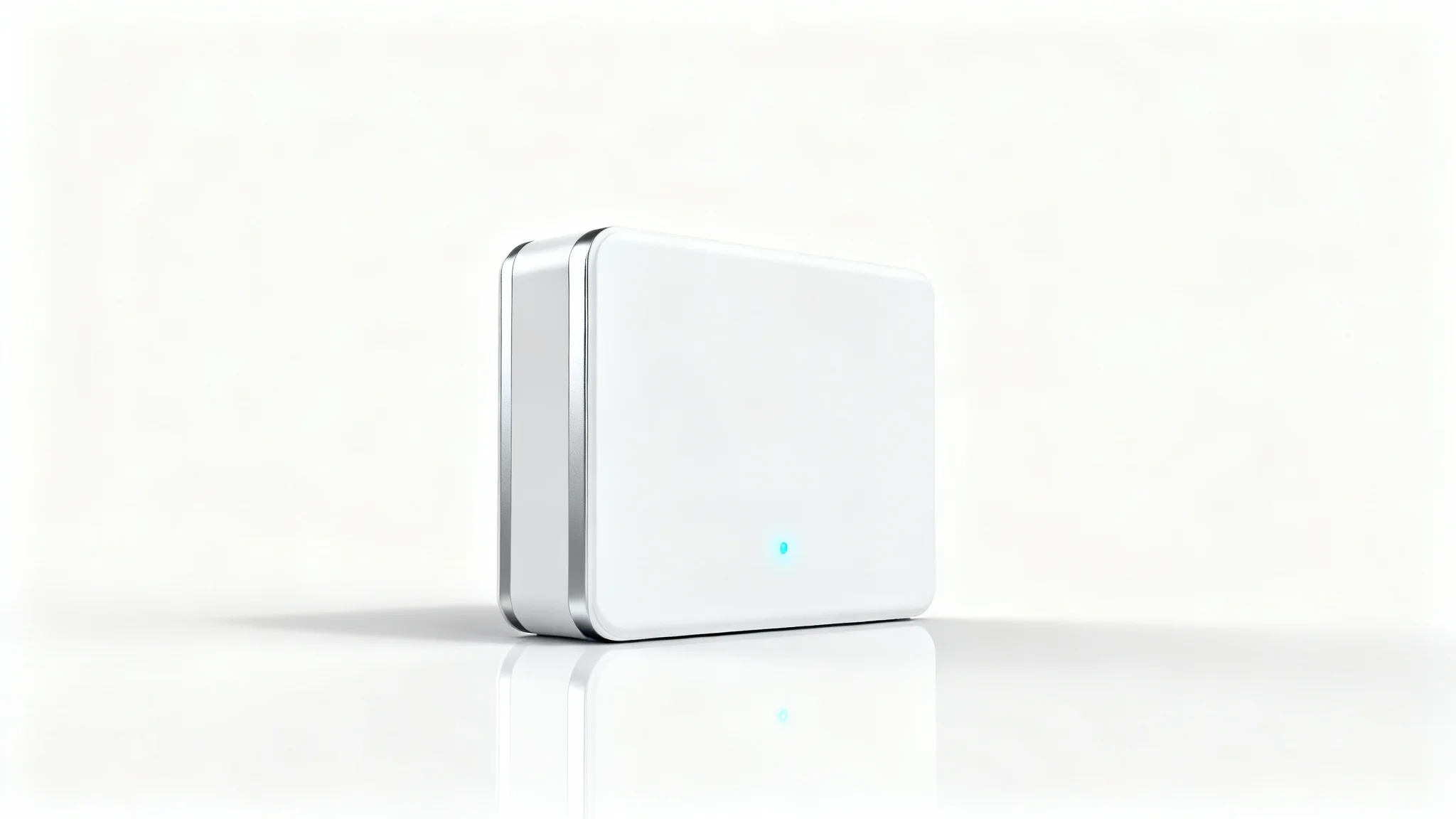 A sleek and modern solar battery unit with a glowing blue light, professionally photographed against a clean white background for a website banner.