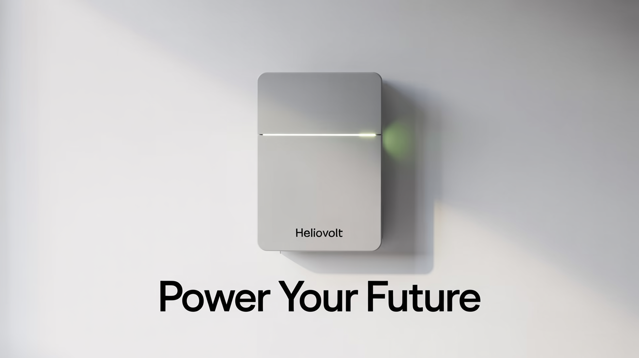 A sleek, modern HelioVolt solar battery unit mounted on a wall, with a glowing green light and the tagline 'Power Your Future' underneath, representing clean and reliable home energy.