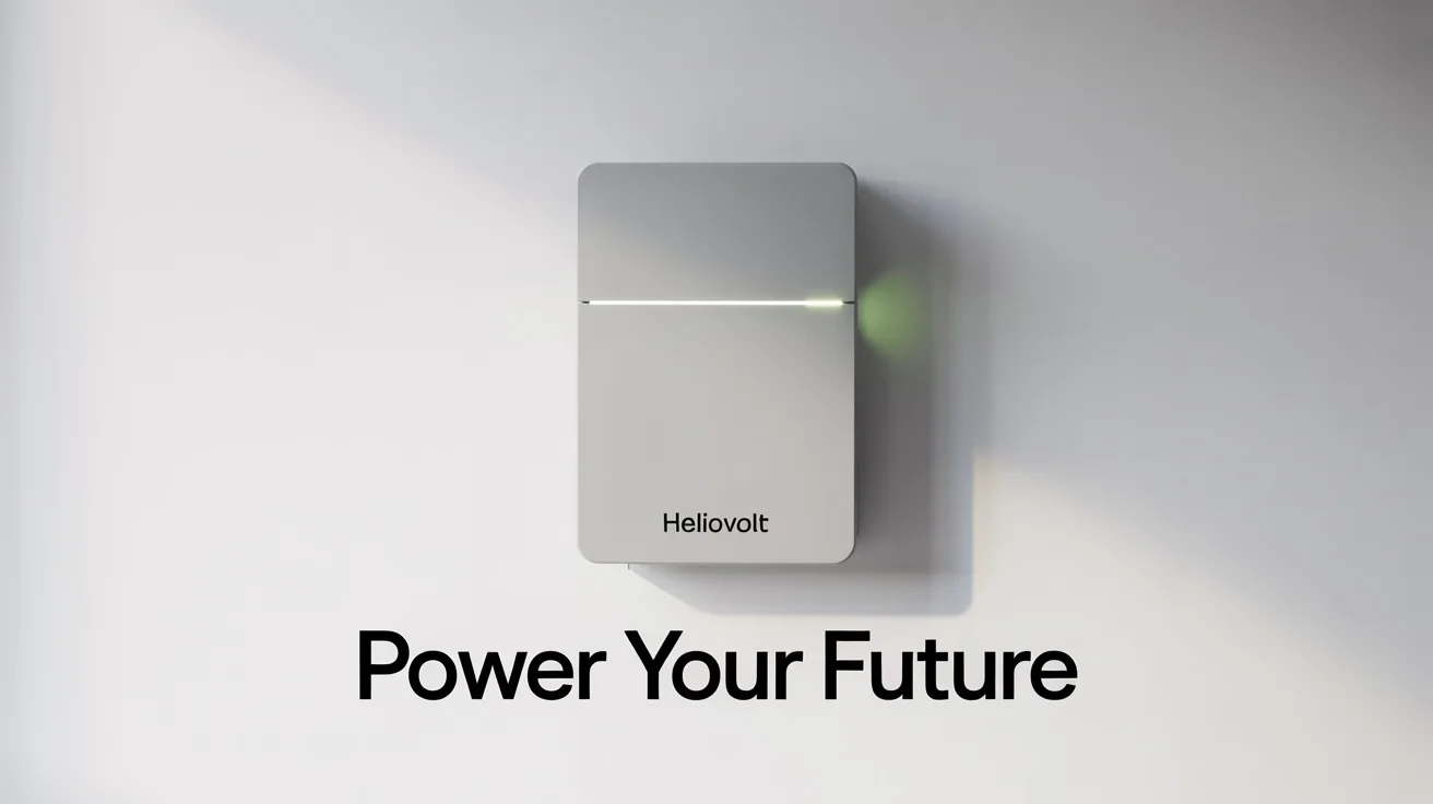 A sleek, modern HelioVolt solar battery unit mounted on a wall, with a glowing green light and the tagline 'Power Your Future' underneath, representing clean and reliable home energy.