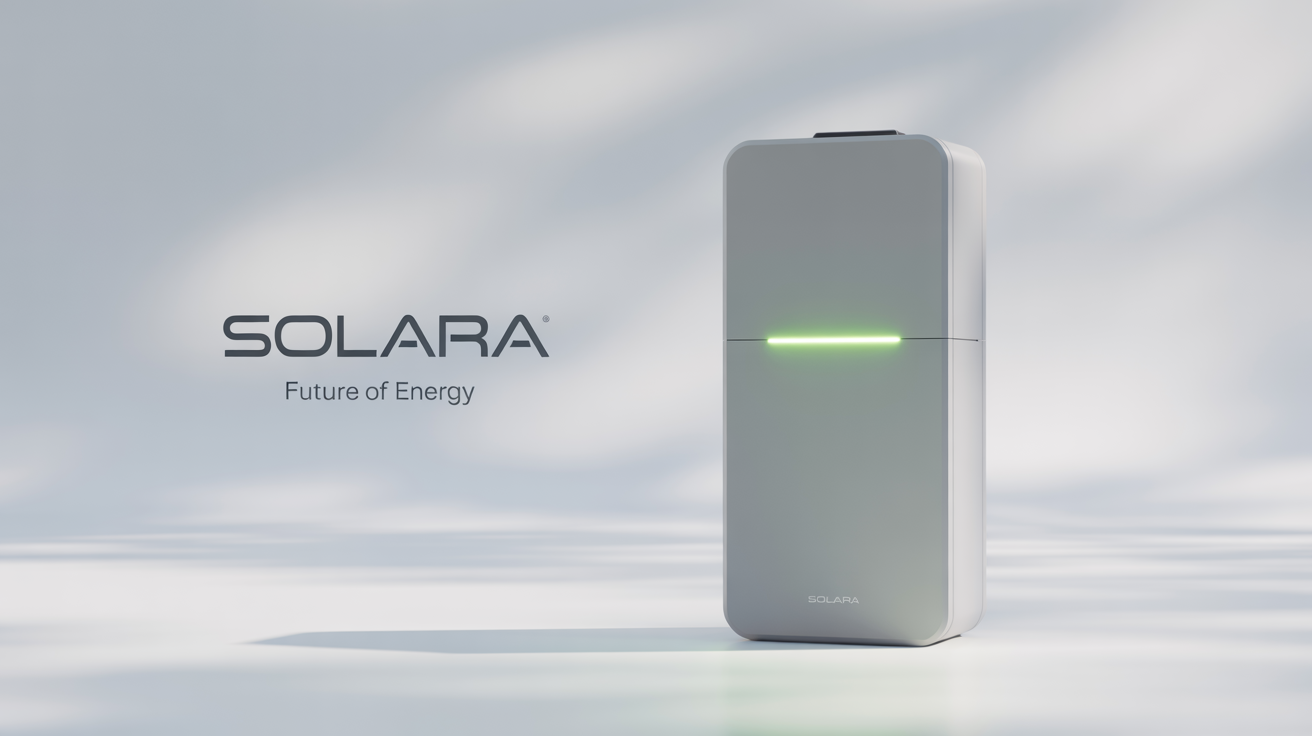 A photorealistic mockup of a sleek, white solar battery unit named 'Solara' with a green LED light, set against a clean white background for a website banner.