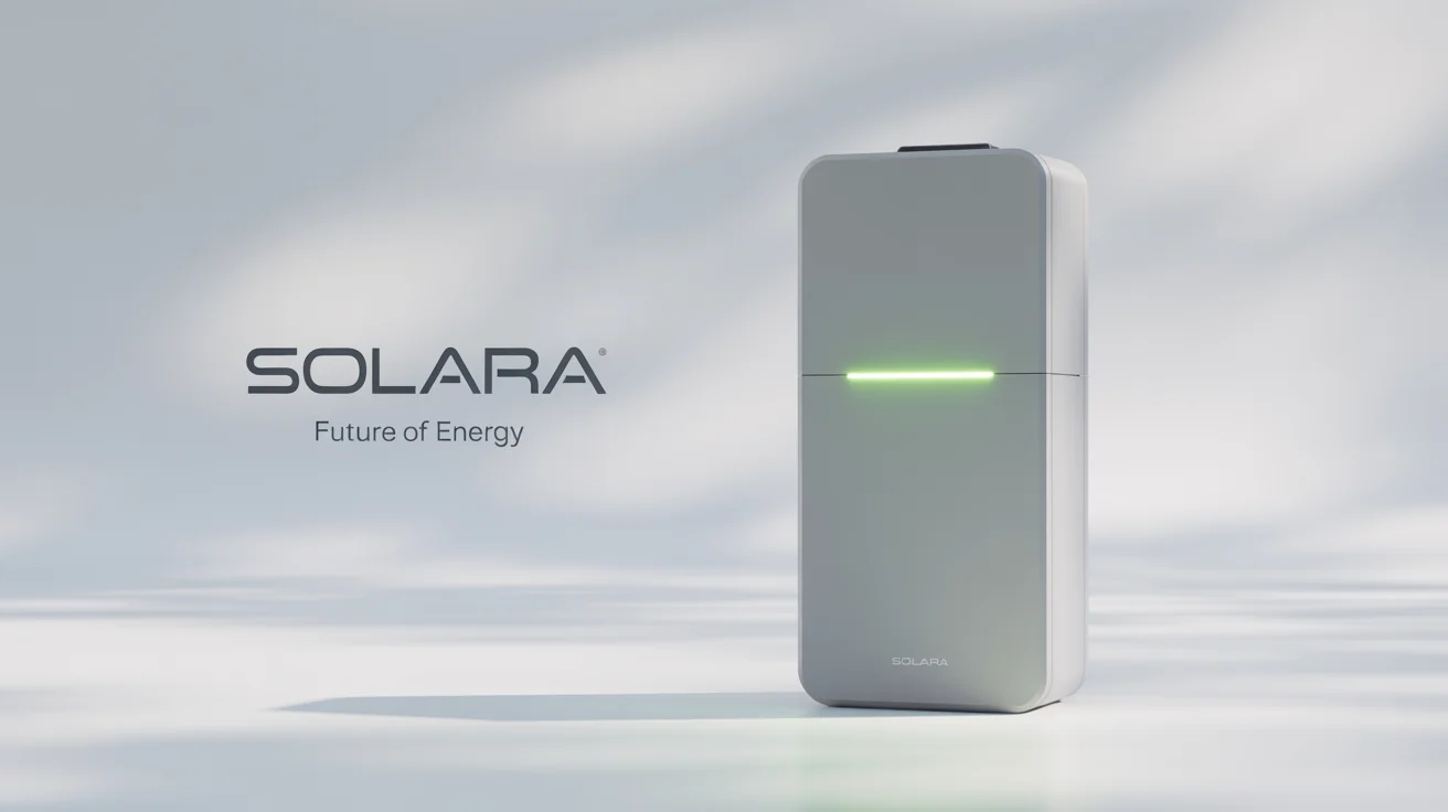 A photorealistic mockup of a sleek, white solar battery unit named 'Solara' with a green LED light, set against a clean white background for a website banner.