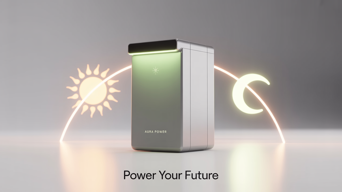 A sleek, modern white solar battery from the brand 'Aura Power' on a white background, with a slogan 'Power Your Future' and icons symbolizing the storage of solar energy for use day and night.