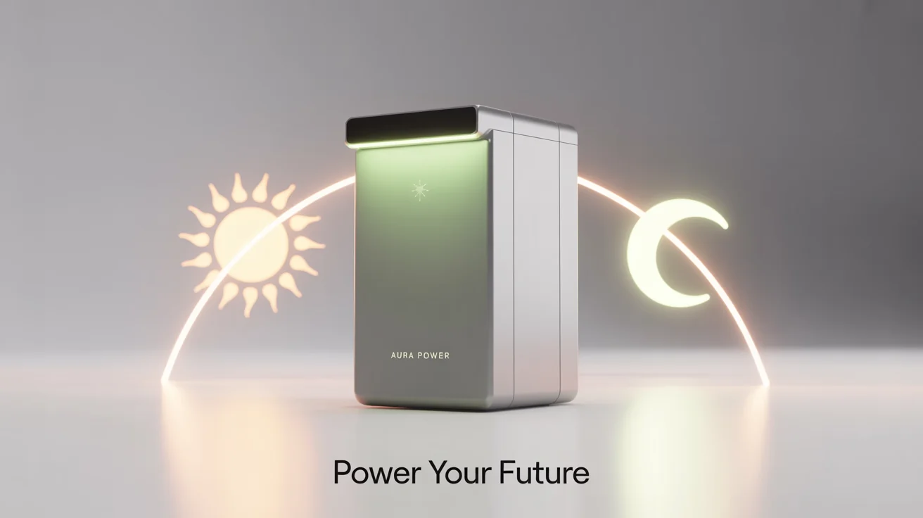 A sleek, modern white solar battery from the brand 'Aura Power' on a white background, with a slogan 'Power Your Future' and icons symbolizing the storage of solar energy for use day and night.