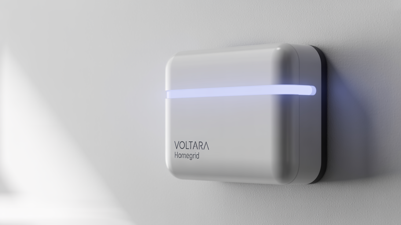 A photorealistic banner image of a sleek, white, modern solar battery named 'Voltara HomeGrid' mounted against a clean white background, representing advanced home energy storage.