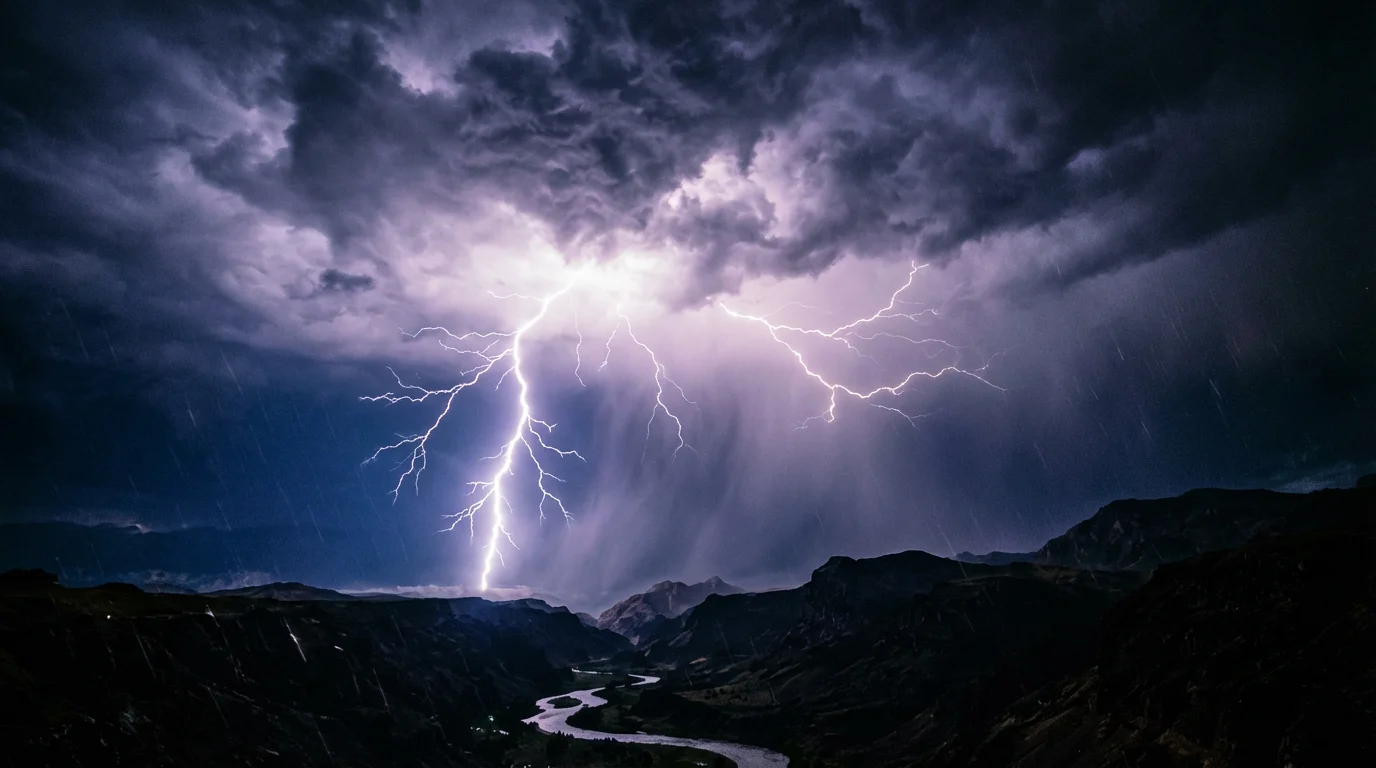 A dramatic, cinematic hero image showing the result of a thunder video effect. A massive bolt of lightning strikes down from a dark, stormy sky over a mountain range, showcasing a professional and high-quality visual.