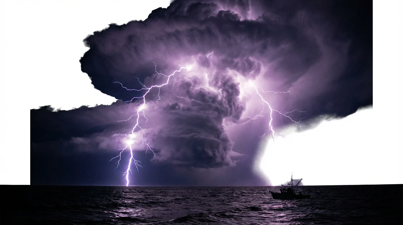 A hyper-realistic image of a powerful thunderstorm over the ocean at night. A massive bolt of purple lightning strikes the water, dramatically lighting up the dark, swirling clouds and turbulent waves.