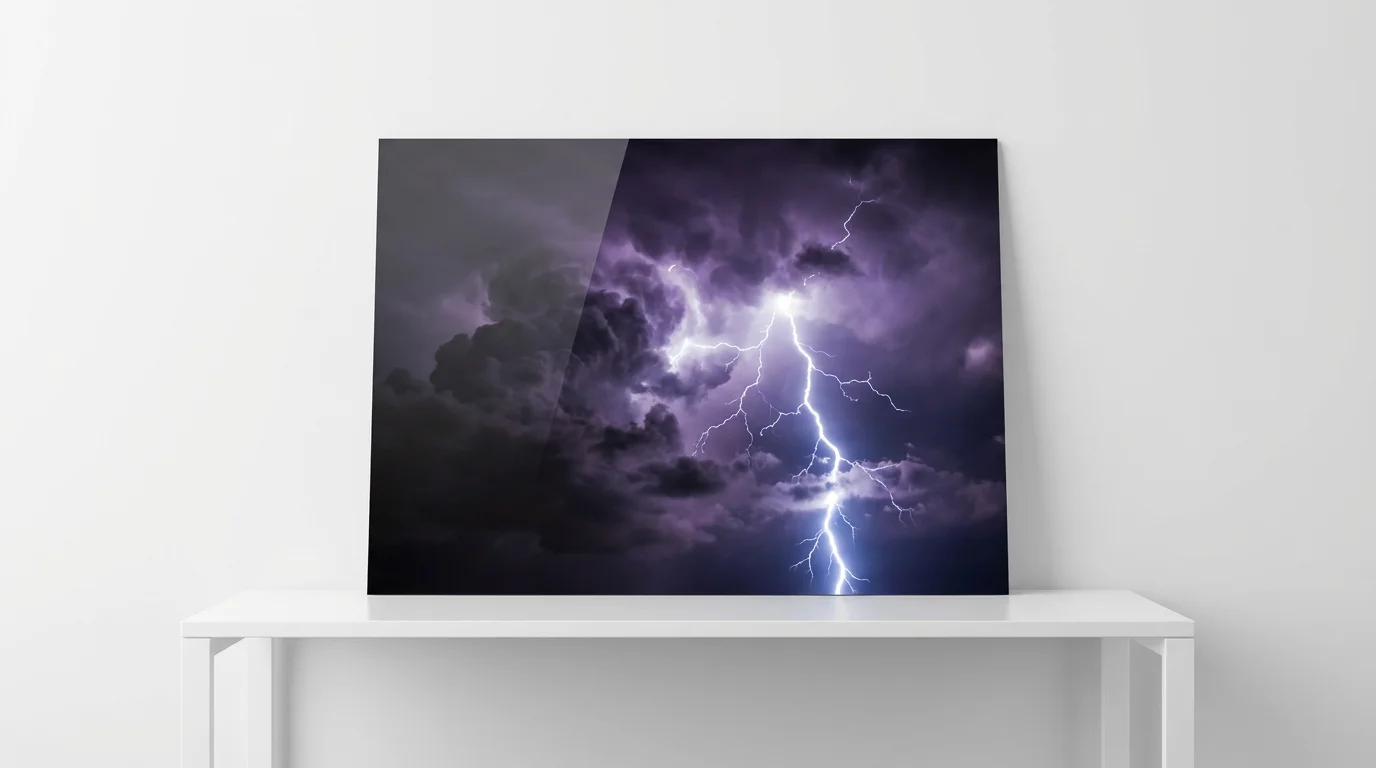 A hyper-realistic image of a powerful, jagged lightning bolt striking down from a dark and stormy sky, illuminating the clouds with a brilliant flash of light.