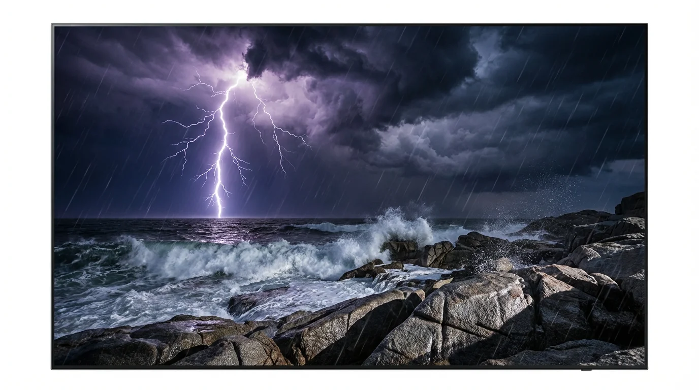 A dramatic and realistic depiction of a thunderstorm over a rocky coast. A massive lightning bolt strikes the turbulent ocean, illuminating the dark storm clouds, crashing waves, and wet rocks in a powerful flash of light.