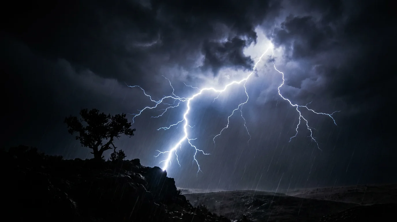 A dramatic video still effect of a massive lightning bolt striking across a dark, stormy sky, illuminating the clouds and a silhouetted landscape below.