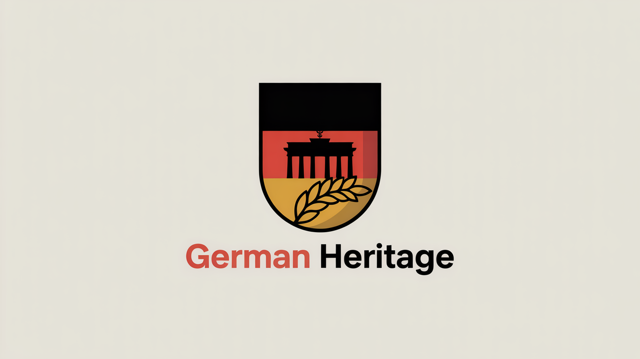 A professionally designed logo for 'German Heritage' featuring a shield with the German flag colors, flanked by a silhouette of the Brandenburg Gate and a golden wheat sheaf.
