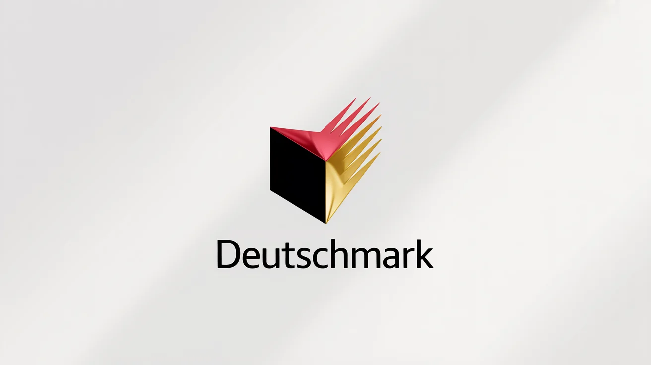 A modern, minimalist logo mockup featuring abstract geometric shapes in the German flag colors of black, red, and gold, with the fictional brand name 'DEUTSCHMARK' below it on a white background.