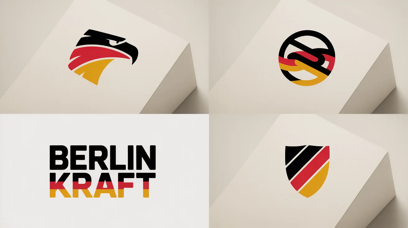 A mockup showcasing four modern logo designs on a white background, each incorporating the German flag colors of black, red, and gold in a minimalist style.