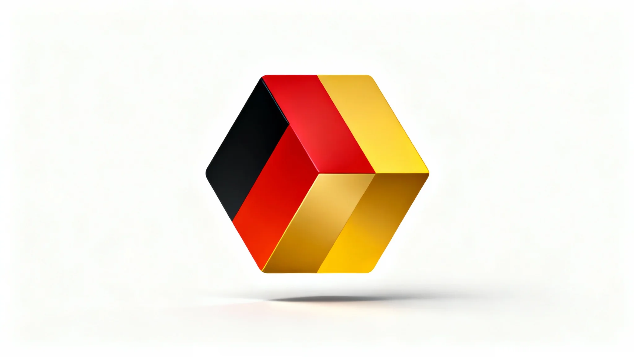 A modern, abstract logo mockup featuring three interlocking shapes in the German flag colors of black, red, and yellow, presented on a clean white background.