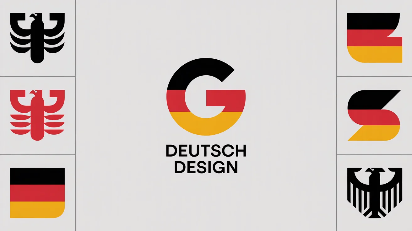 A showcase of several modern logo designs using the German flag colors of black, red, and gold, set against a white background. A central logo features the text 'DEUTSCH DESIGN'.