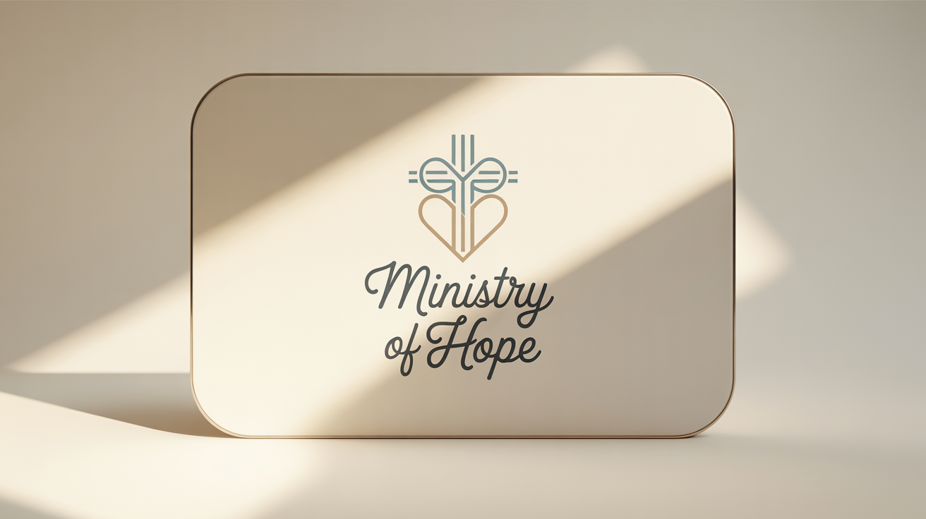 A polished hero image displaying the final logo for 'Ministry of Hope'. The logo features a cross and heart in soft blue and warm gold, with the name on a ribbon below, all presented on a professional cream-colored mockup.