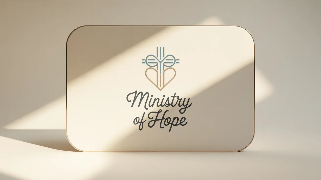 A polished hero image displaying the final logo for 'Ministry of Hope'. The logo features a cross and heart in soft blue and warm gold, with the name on a ribbon below, all presented on a professional cream-colored mockup.