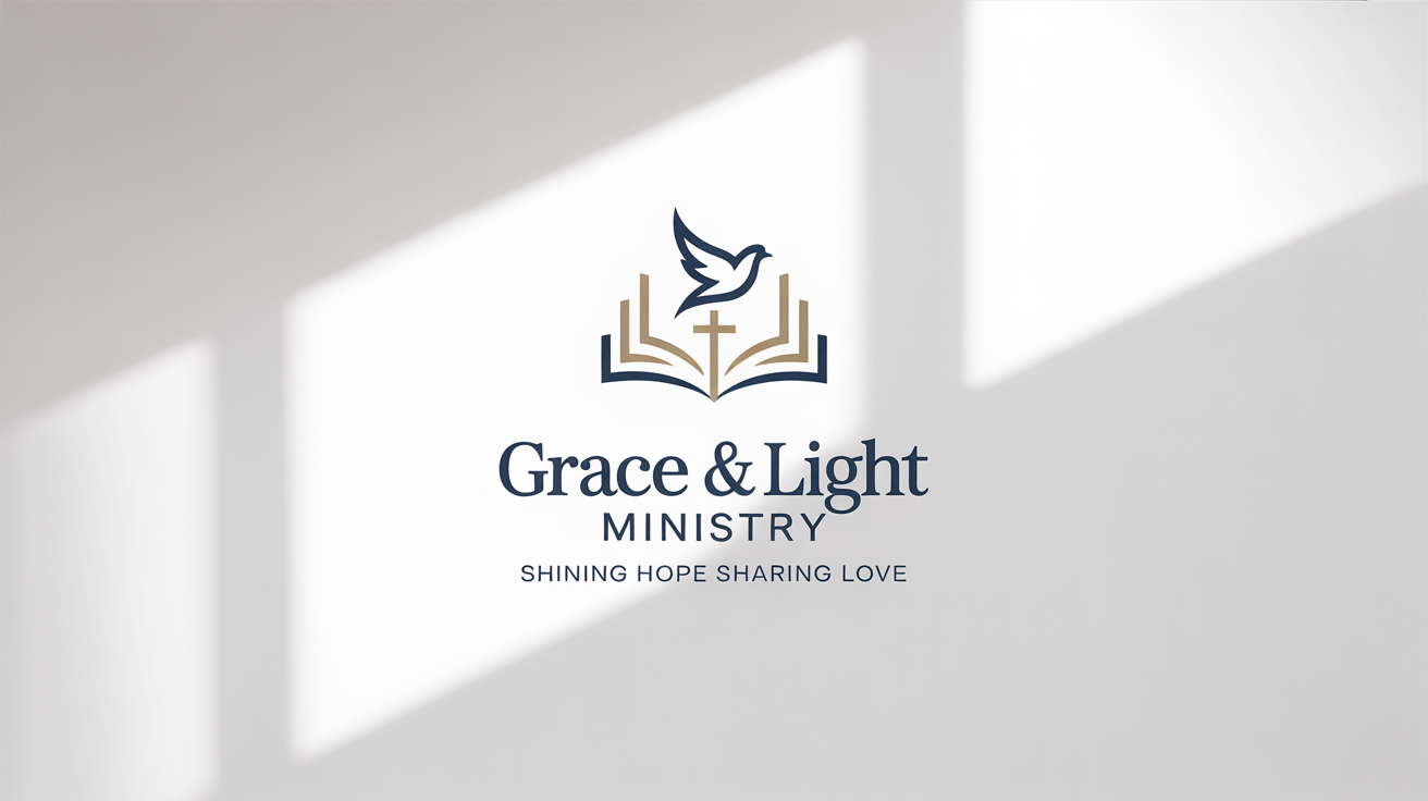 A modern and elegant ministry logo design. The logo features a stylized gold and blue icon of a dove and a book, with the text 'Grace & Light Ministry' displayed on a clean white background.