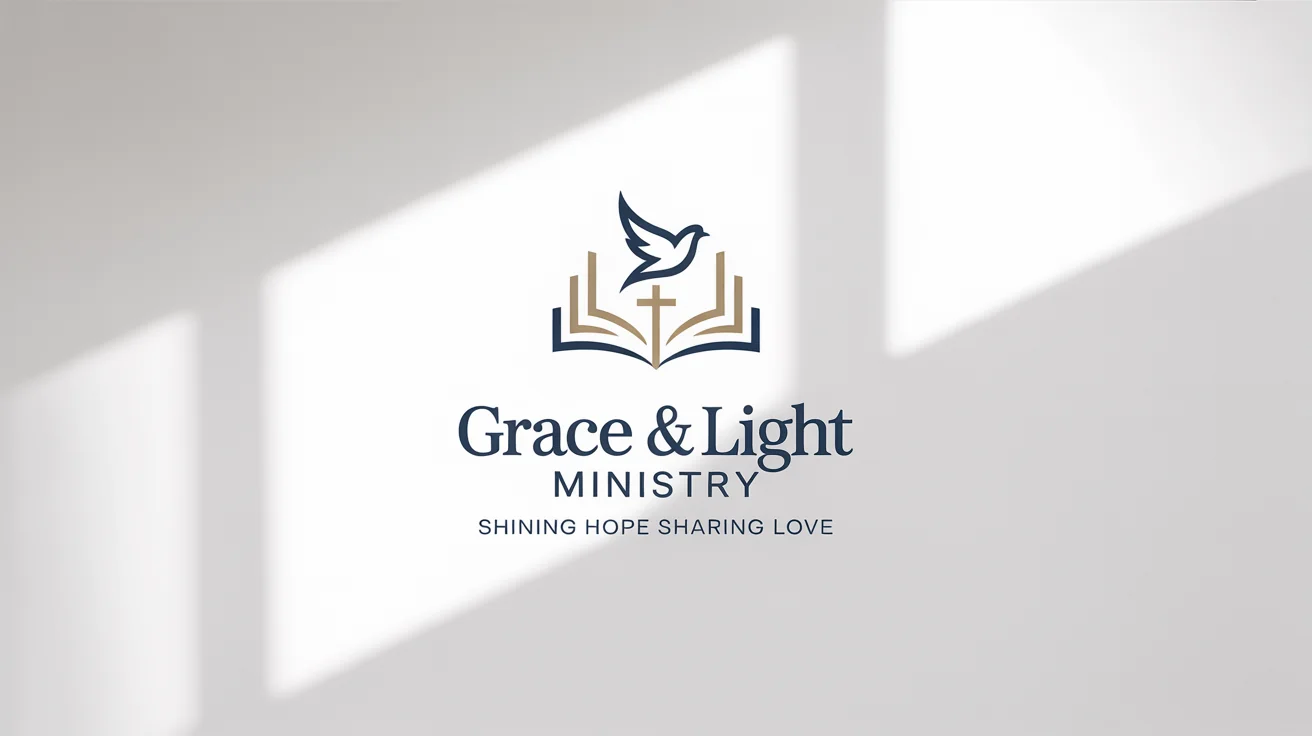 A modern and elegant ministry logo design. The logo features a stylized gold and blue icon of a dove and a book, with the text 'Grace & Light Ministry' displayed on a clean white background.