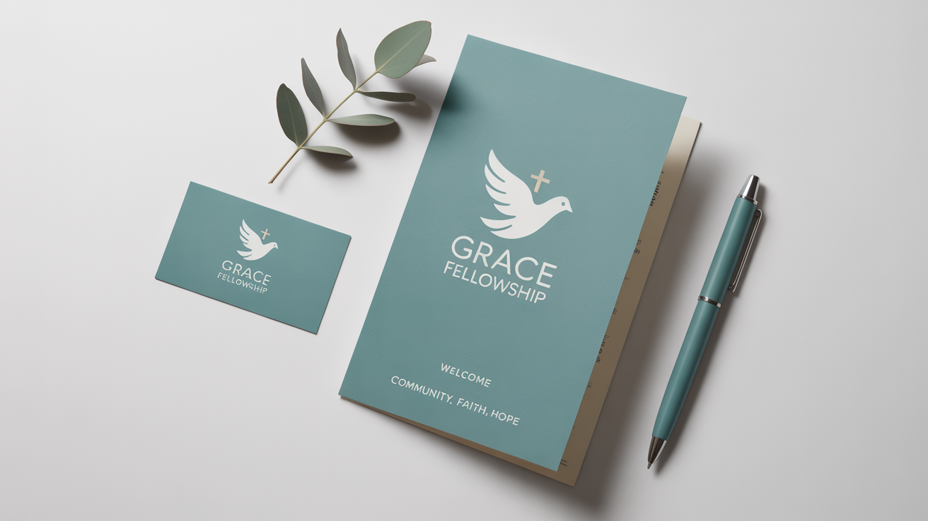 A branding mockup for a ministry named 'Grace Fellowship', showing a business card and brochure with a modern logo of a dove and cross on a white background.