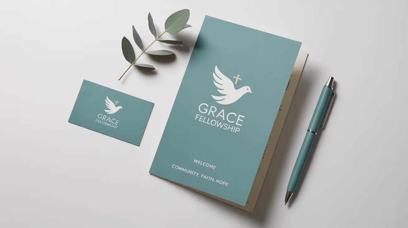 A branding mockup for a ministry named 'Grace Fellowship', showing a business card and brochure with a modern logo of a dove and cross on a white background.
