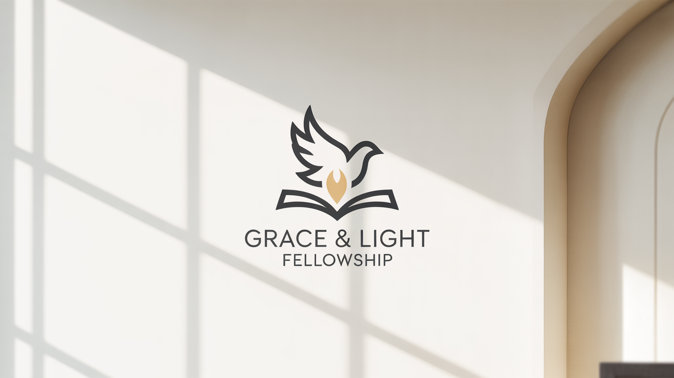 A mockup of a modern ministry logo for 'Grace & Light Fellowship'. The icon combines a dove, an open book, and a flame in blue and gold, set against a clean white background.