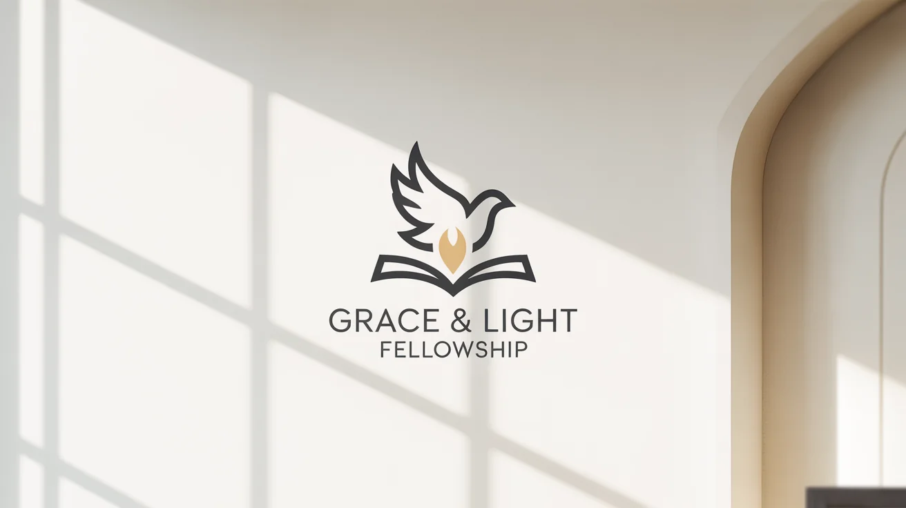 A mockup of a modern ministry logo for 'Grace & Light Fellowship'. The icon combines a dove, an open book, and a flame in blue and gold, set against a clean white background.