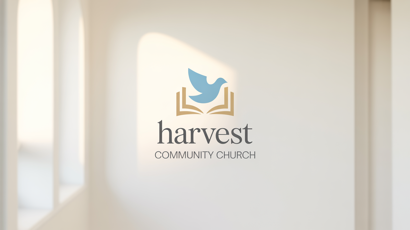 A modern logo for 'Harvest Community Church' featuring a stylized blue dove over a golden open book, presented as a high-quality mockup on a white background.