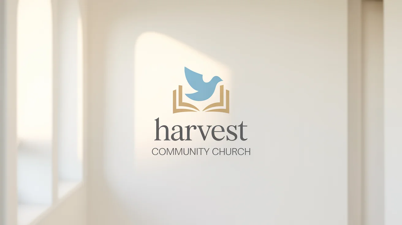 A modern logo for 'Harvest Community Church' featuring a stylized blue dove over a golden open book, presented as a high-quality mockup on a white background.