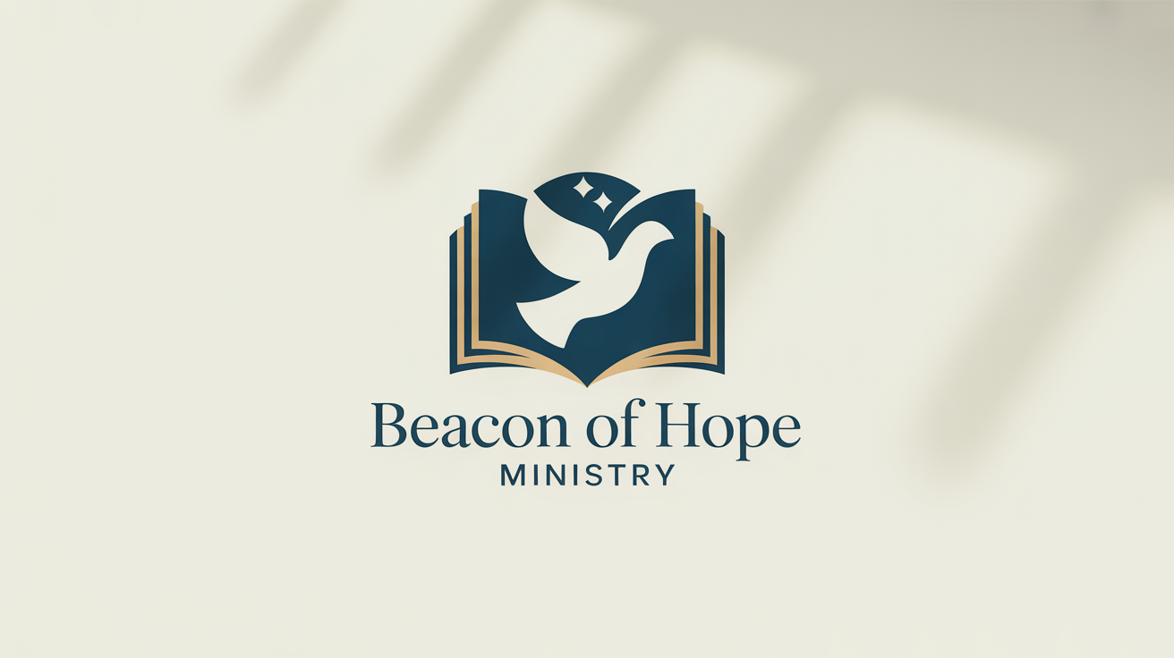 A modern logo for 'Beacon of Hope Ministry' on a white background, featuring a stylized blue and gold symbol of a dove combined with an open book.