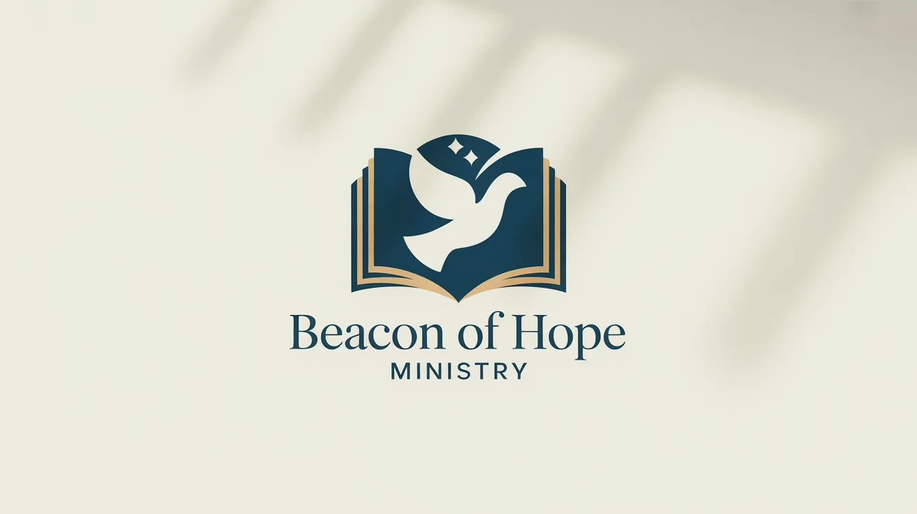 A modern logo for 'Beacon of Hope Ministry' on a white background, featuring a stylized blue and gold symbol of a dove combined with an open book.