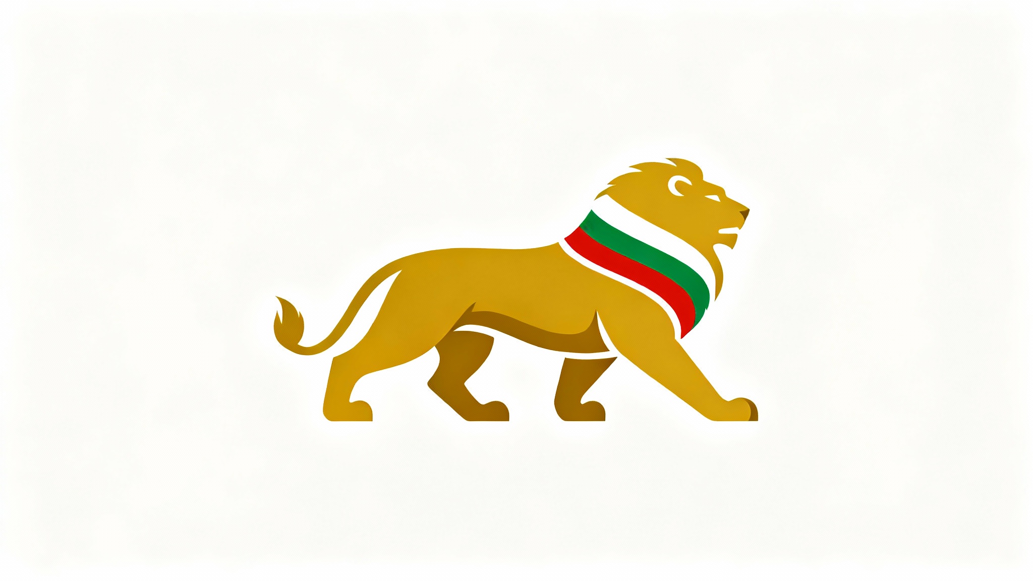 A modern, minimalist logo of a golden rampant lion. The mane and tail incorporate the white, green, and red colors of the Bulgarian flag. The logo is set against a clean white background.