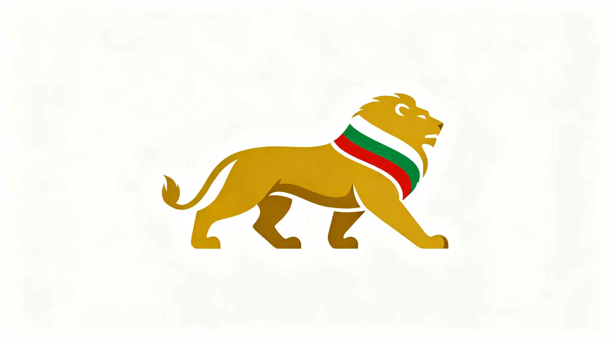 A modern, minimalist logo of a golden rampant lion. The mane and tail incorporate the white, green, and red colors of the Bulgarian flag. The logo is set against a clean white background.