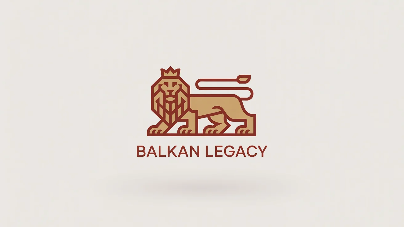 A modern, minimalist logo of a rampant Bulgarian heraldic lion in gold and crimson red. The fictional brand name 'BALKAN LEGACY' is displayed underneath. The logo is on a clean white background.