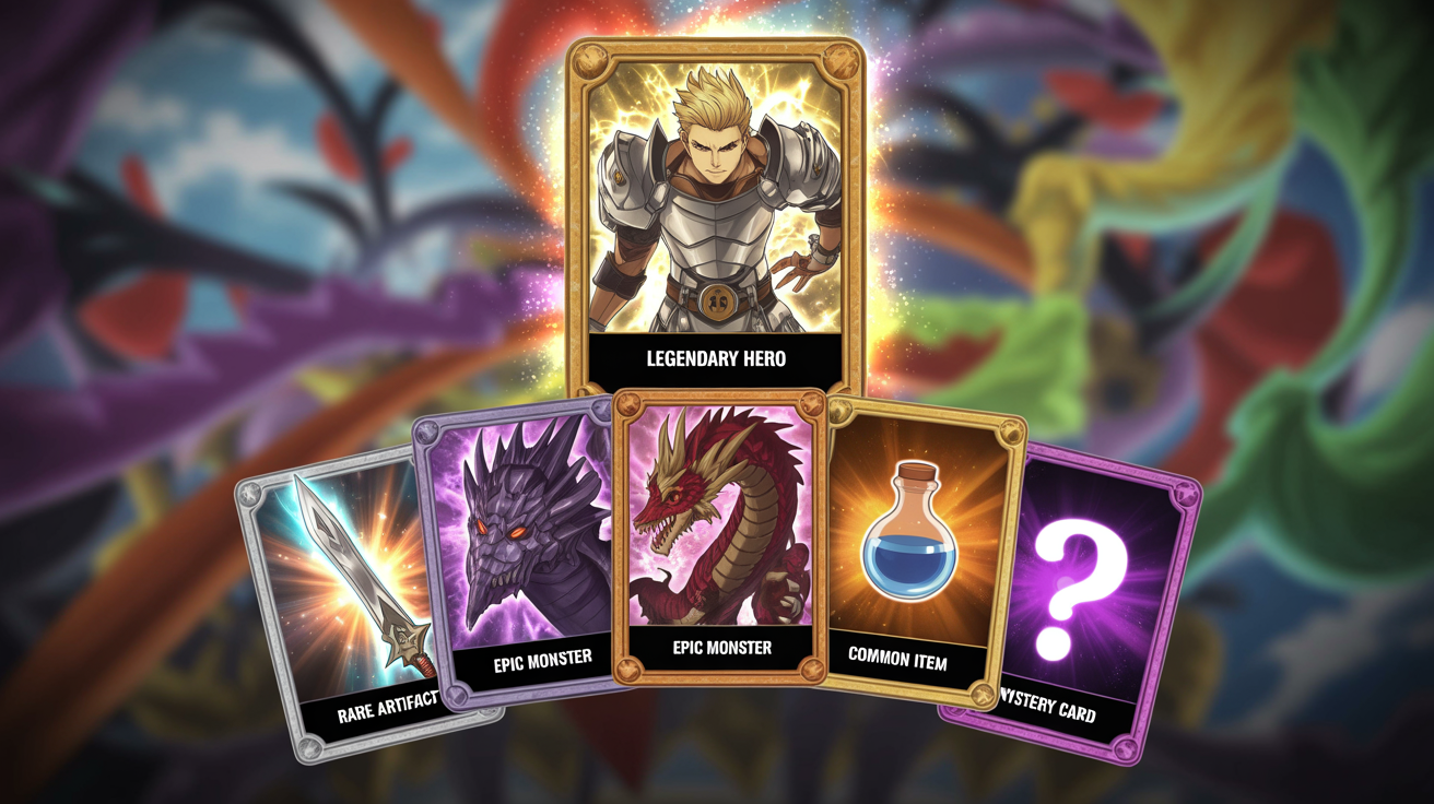 An eye-catching digital artwork displaying five fantasy-themed gacha game cards fanned out against a colorful background. The cards represent different rarities, from a 'Legendary Hero' with a gold border to a 'Common Item' with a bronze border, each featuring unique character or item art.