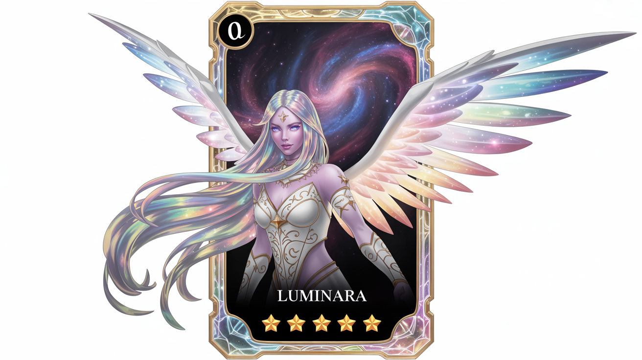 A mockup of a rare, collectible gacha game card featuring a celestial knight named Luminara, set against a white background.