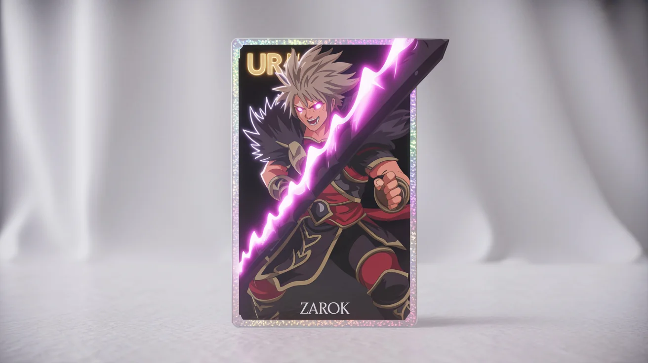 A mockup of a collectible 'Ultra Rare' gacha game card featuring a powerful anime warrior named 'Zarok', displayed on a plain white background.