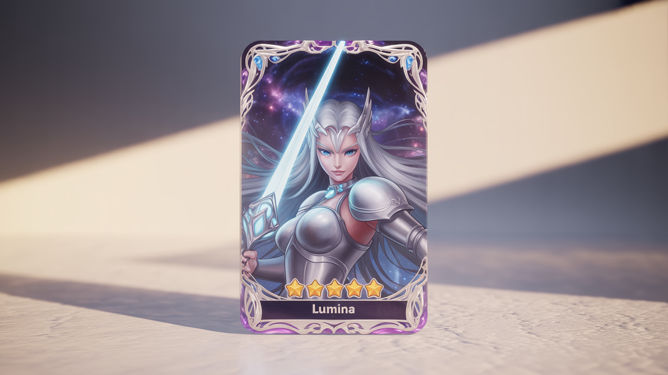 A highly detailed mockup of a rare gacha game card featuring a celestial female warrior named Lumina, displayed on a minimalist white background.