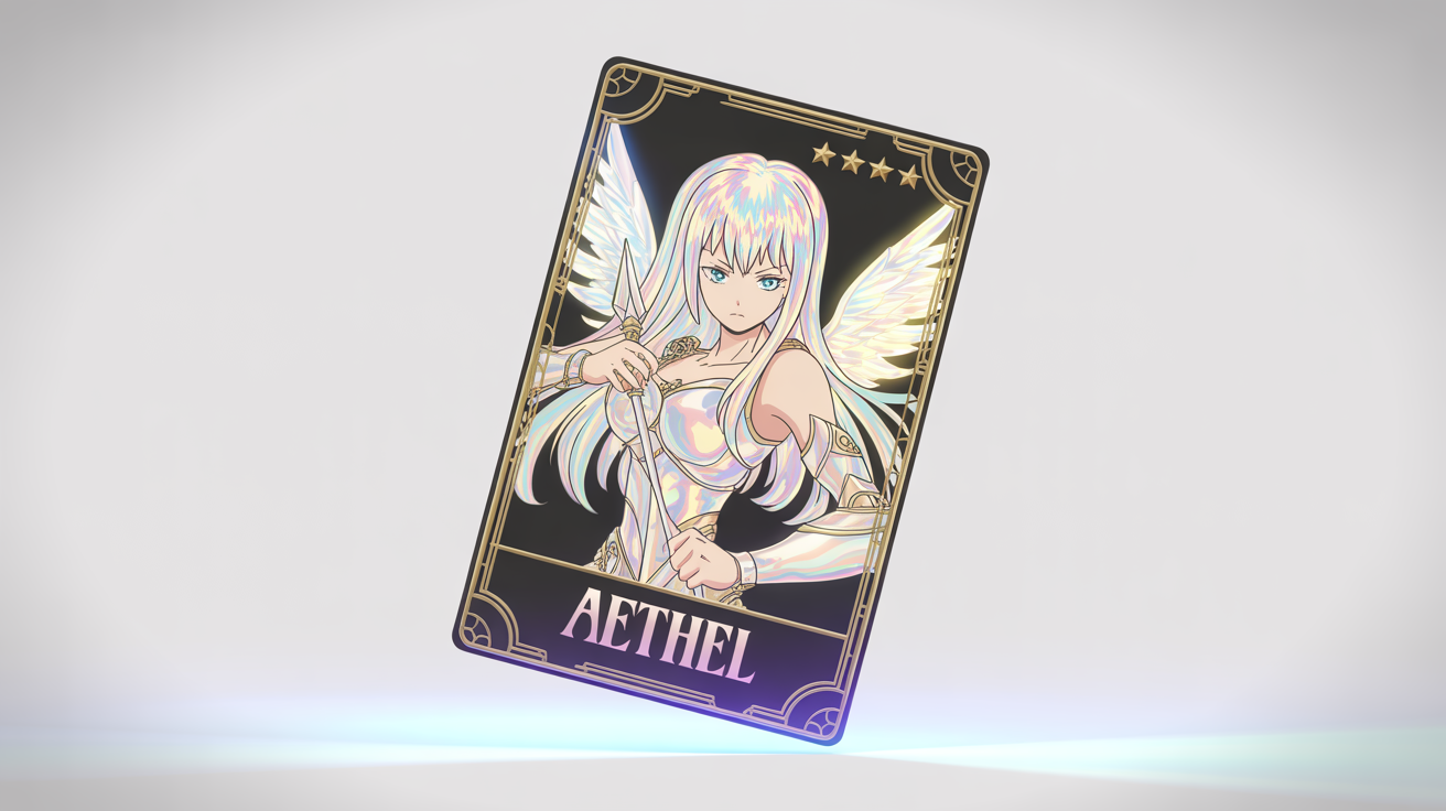 A collectible gacha card with a holographic finish, featuring an anime illustration of a female knight with glowing wings and pearlescent armor. The card has an ornate gold border and displays the name 'Aethel' and five stars for rarity.