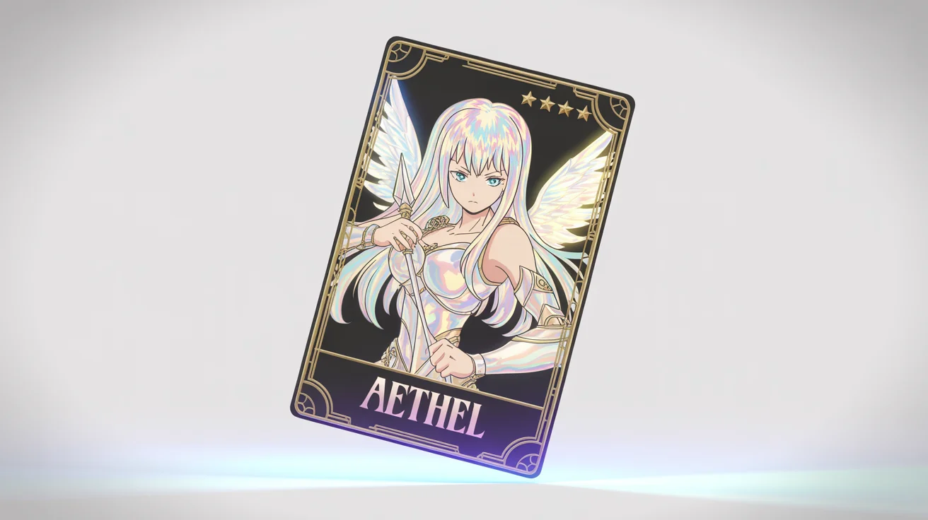 A collectible gacha card with a holographic finish, featuring an anime illustration of a female knight with glowing wings and pearlescent armor. The card has an ornate gold border and displays the name 'Aethel' and five stars for rarity.