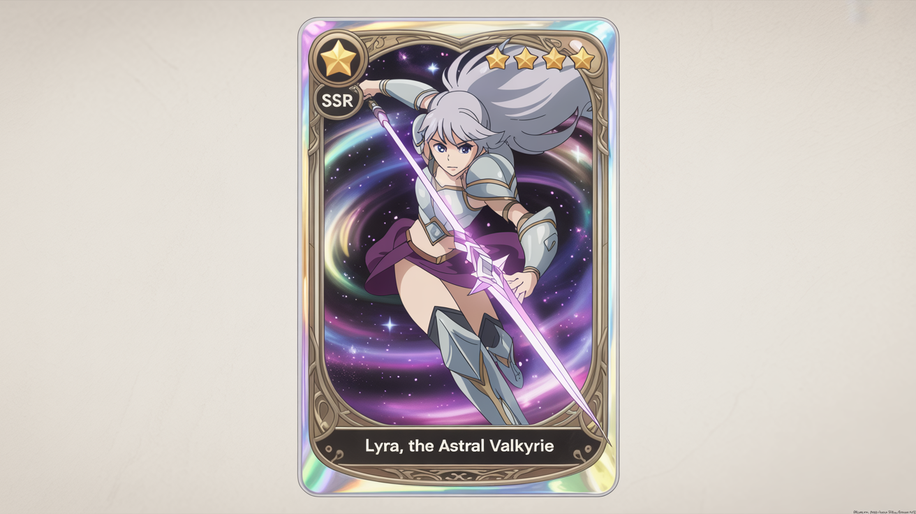A collectible gacha game card mockup showing a female anime knight named 'Lyra, the Astral Valkyrie' with a 5-star 'SSR' rarity, set against a plain white background.
