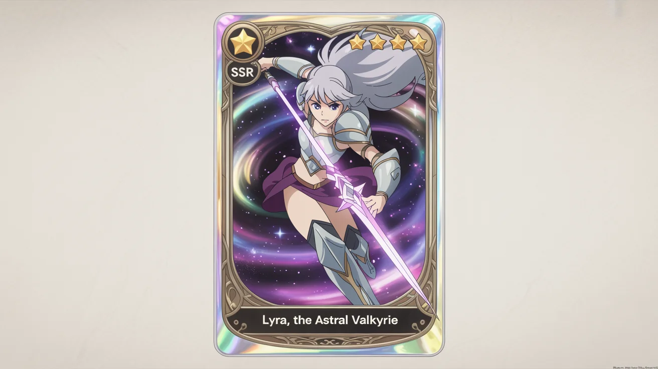 A collectible gacha game card mockup showing a female anime knight named 'Lyra, the Astral Valkyrie' with a 5-star 'SSR' rarity, set against a plain white background.
