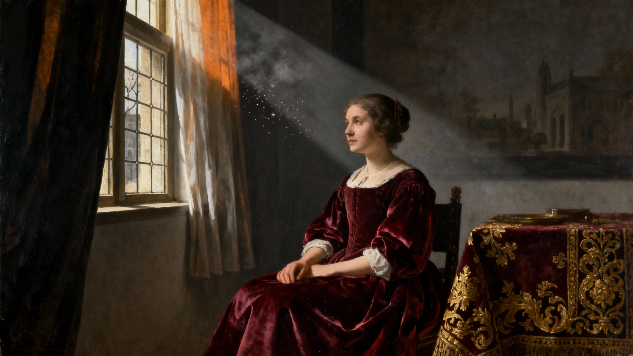 An eye-catching digital painting in the classical style of the Dutch Golden Age, showing a woman in a velvet dress sitting by a window in a dimly lit, detailed room.