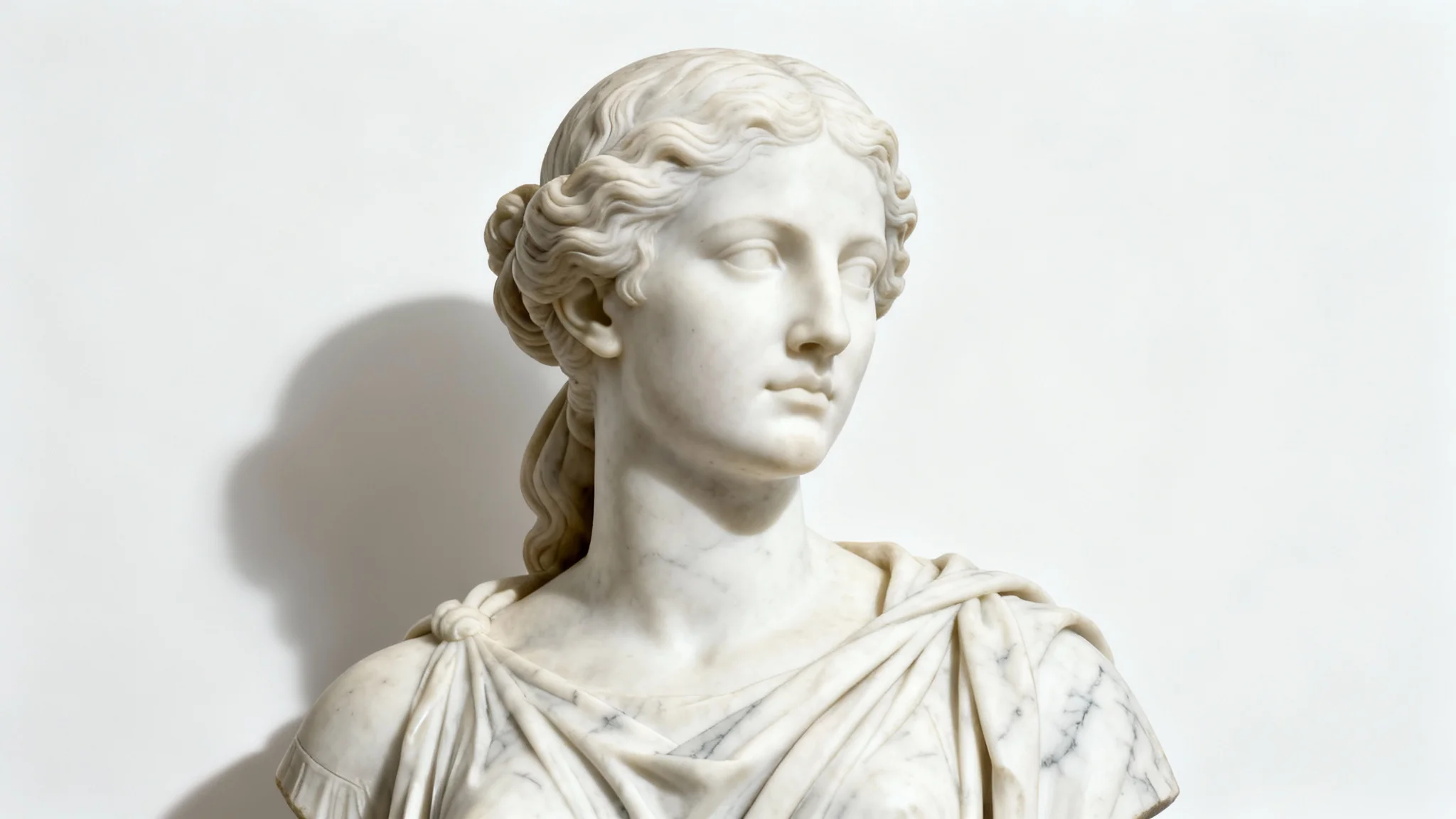 A highly detailed, photorealistic marble bust of a classical goddess with serene features and elegant hair, displayed with soft lighting against a clean white background.