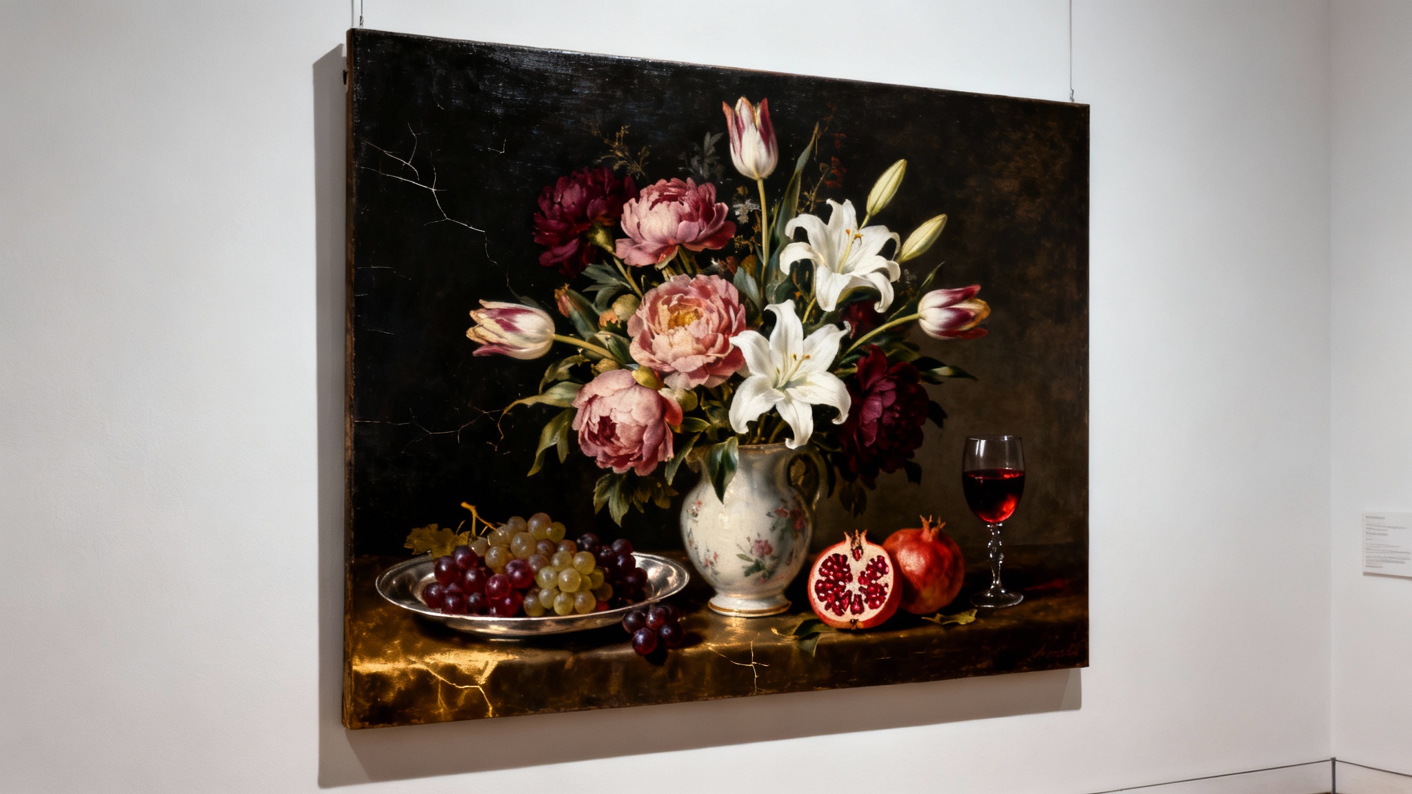 A hyper-realistic classical oil painting of a floral and fruit still life, reminiscent of the Dutch Golden Age, displayed against a clean white background.
