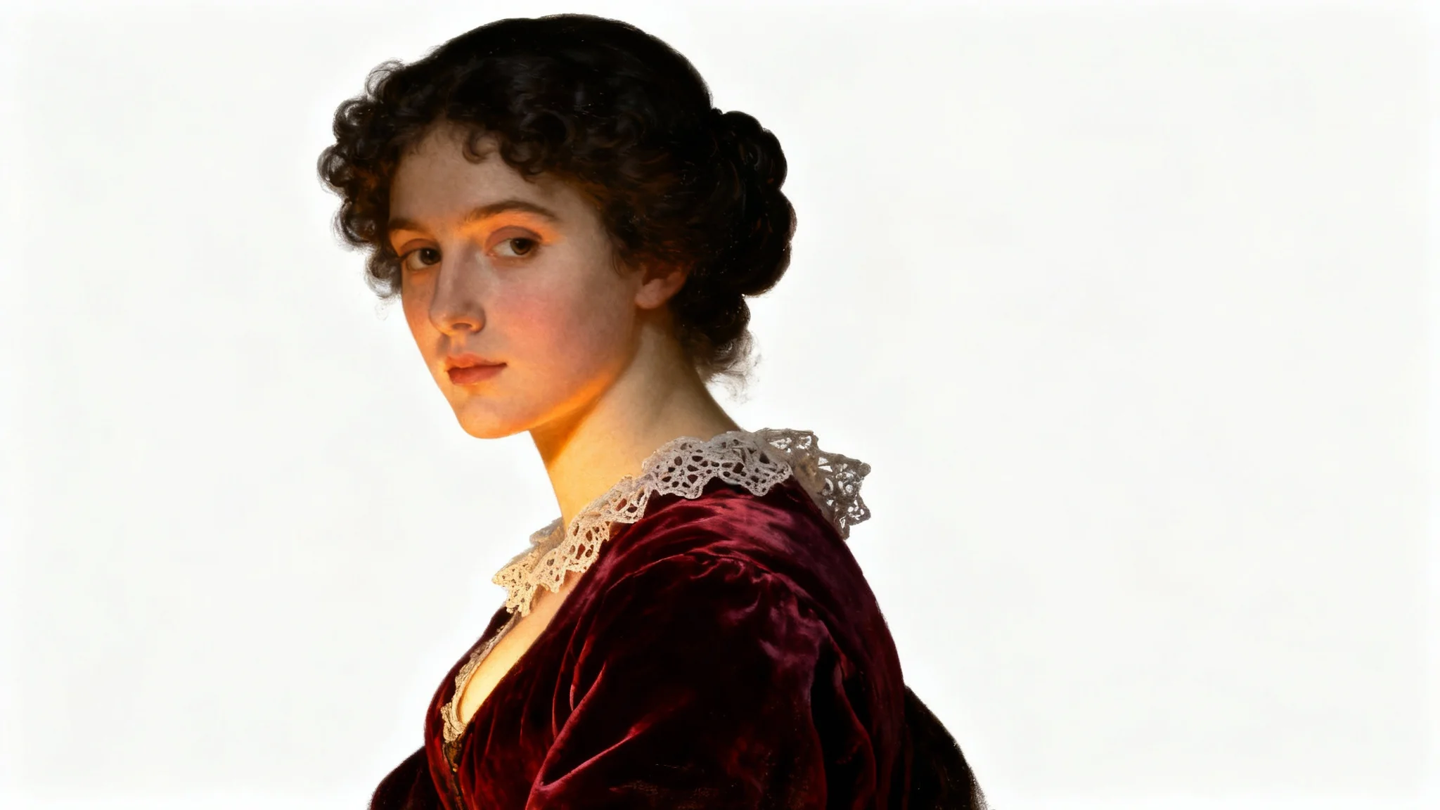 A classical portrait painting of a young woman in a crimson velvet dress, illuminated by dramatic side lighting against a dark background, evoking the style of the old masters.