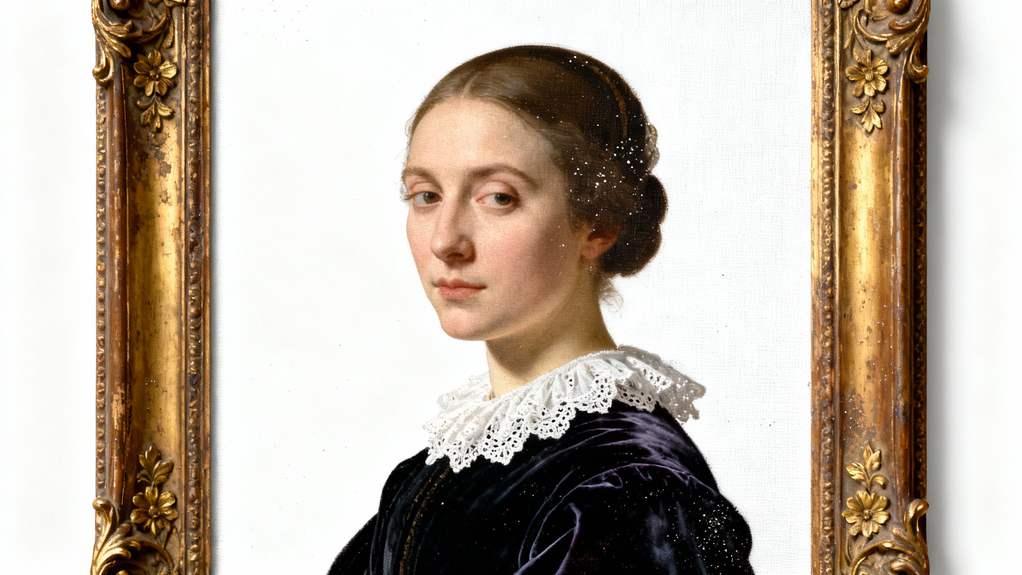 A mockup of a classical portrait painting in an ornate gold frame, shown against a plain white background. The painting features a woman in historical dress, lit softly from the side.