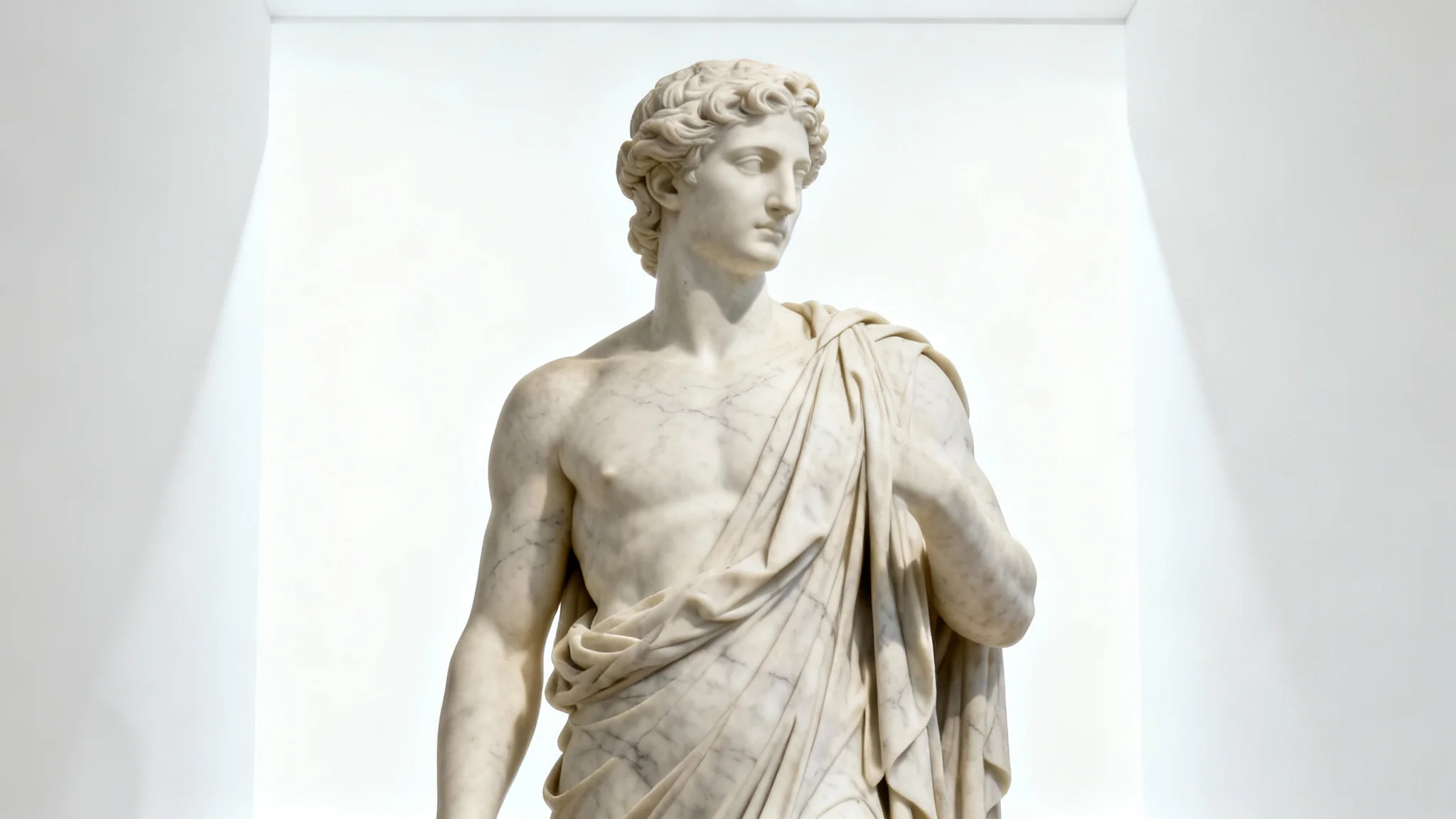 A photorealistic image of a life-sized classical Greek marble statue, beautifully lit against a plain white background, highlighting its intricate details and museum-quality craftsmanship.