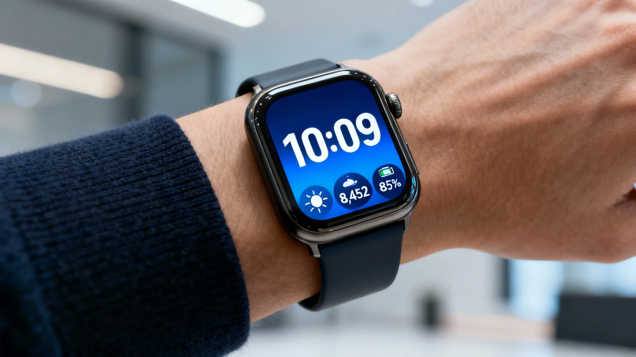 A close-up of a modern smartwatch on a person's wrist, showcasing a custom watch face with a blue gradient background, digital time, and icons for weather, steps, and battery life.